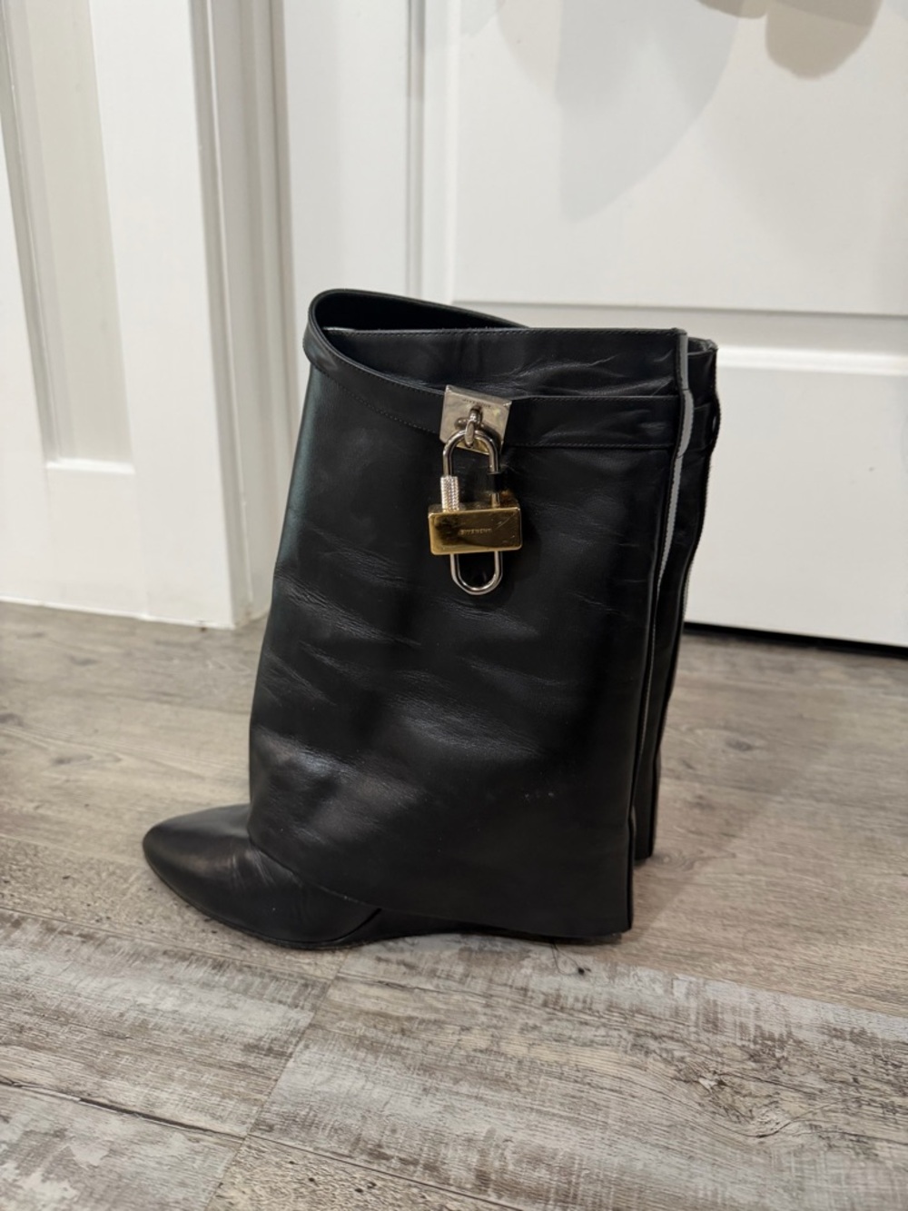 Givenchy Black Leather Heeled Boot with Gold Padlock Detail